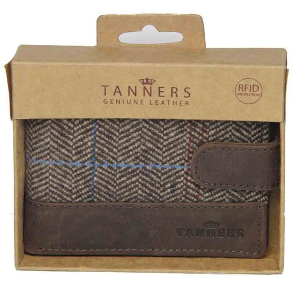 Tanners Cow Hide Leather and Wool Herringbone Bifold Wallet Brown RFID Men's - Picture 1 of 2